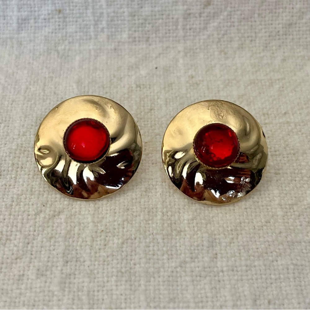 Vintage 80’s 90’s Gold Tone and Translucent Red Stud Earrings
